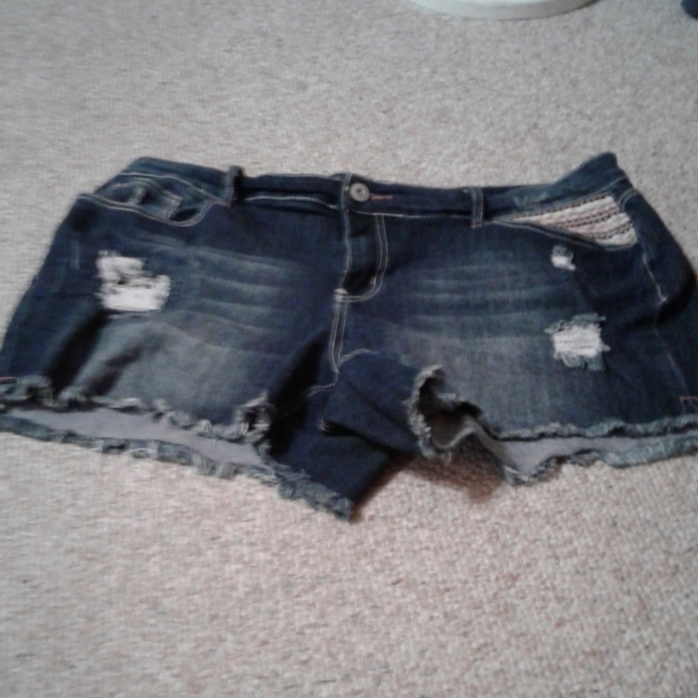Denim shorts distressed w/embroidered detail